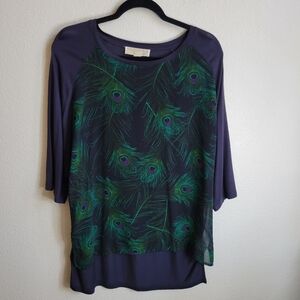 Michael Kors Elegant Peacock Feather Print Top W 2/3 Sleeve & Uneven Hem Medium